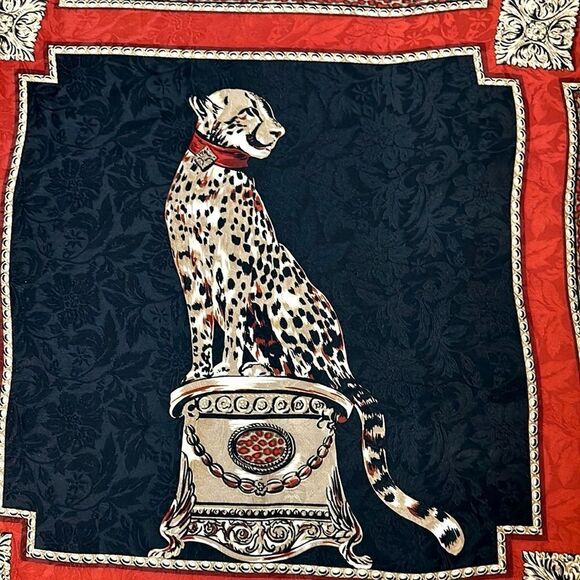 Ellen Tracy Linda Allard Silk Jacquard Cheetah Scarf Black Red Beige Vintage - Picture 3 of 12